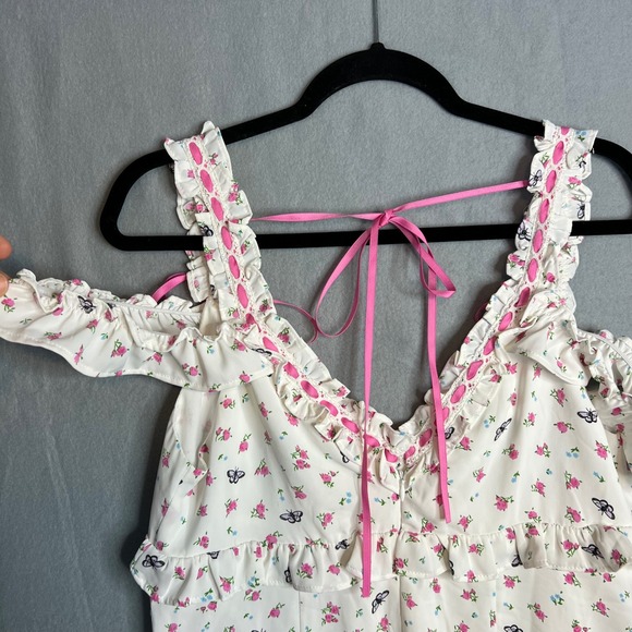 Betsey Johnson Forever 21 Dress Sz L White Floral Butterfly Coquette Ruffle NWT - Picture 10 of 12